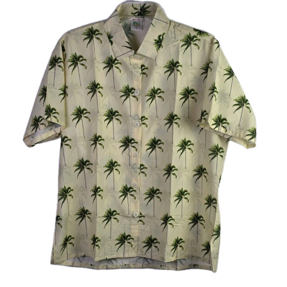 Happy‎ Bay Men's Medium Yellow Hawaiian Palm Tree Button Up Shirt